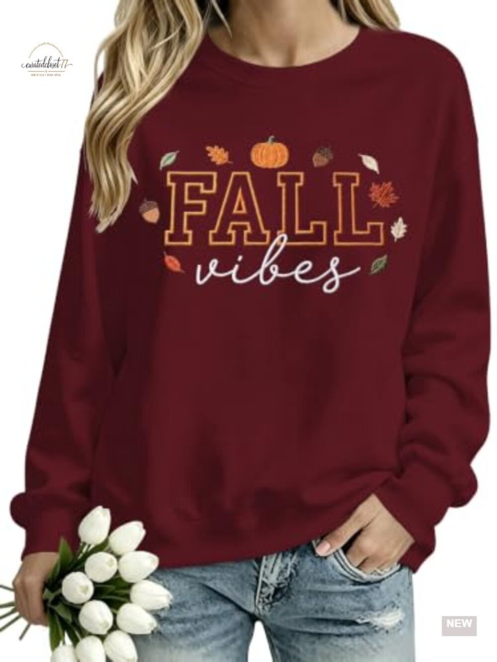 Womens Fall Sweatshirt Embroidered Long Sleeve Crew Neck Pullover